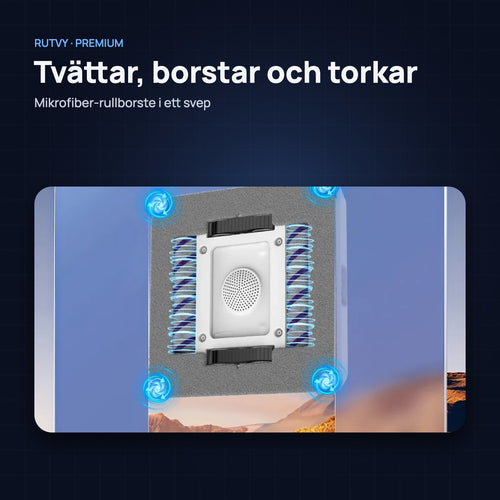 Tvättar, borstar och torkar med mikrofiber-rullborste